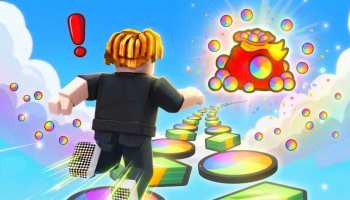 Pop for Free game artwork showing a Roblox character running across a rainbow obstacle course toward a glowing bag filled with colorful balls.