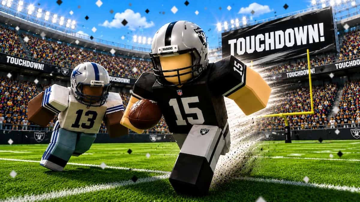 Roblox Build a Football Team featured artwork showing Roblox football players sprinting across a stadium field after a touchdown.