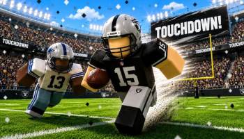 Roblox Build a Football Team featured artwork showing Roblox football players sprinting across a stadium field after a touchdown.