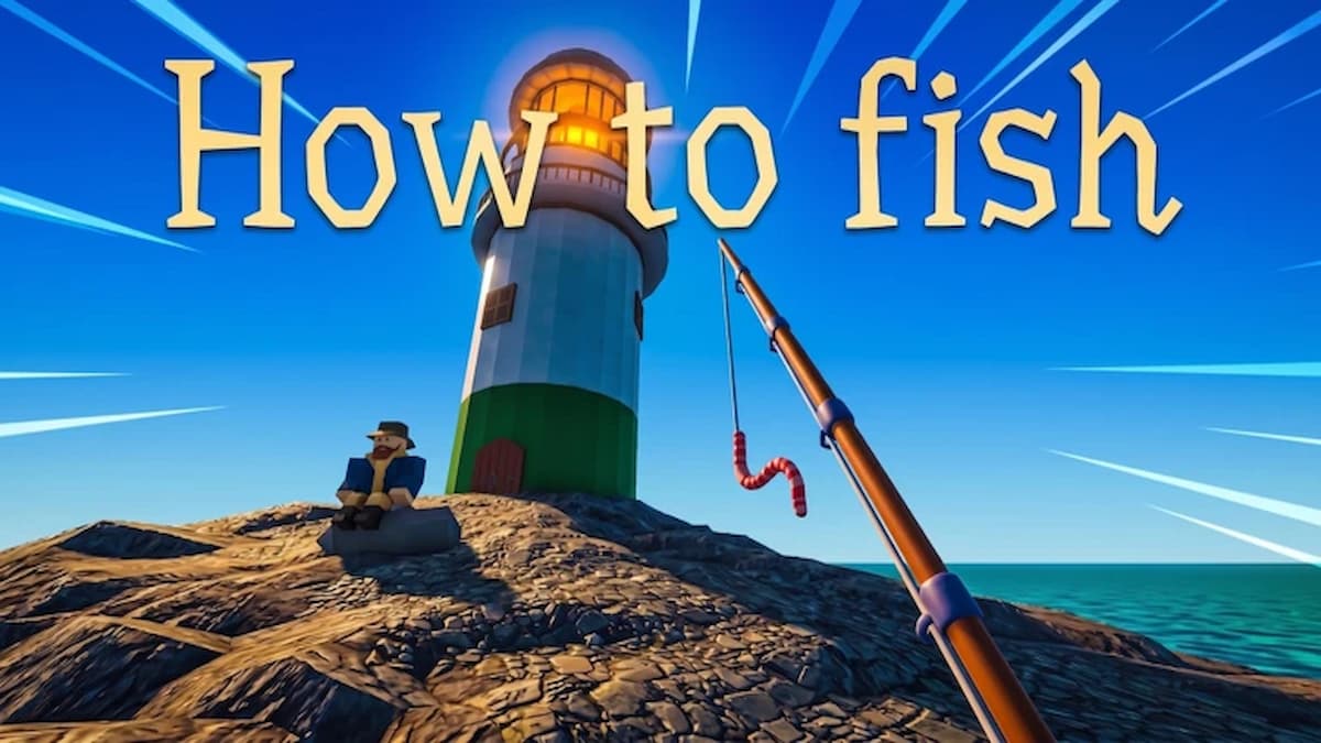 Roblox How To Fish featured artwork showing a fishing rod beside a lighthouse on a rocky island, with the How To Fish title across the sky.