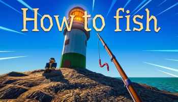 Roblox How To Fish featured artwork showing a fishing rod beside a lighthouse on a rocky island, with the How To Fish title across the sky.