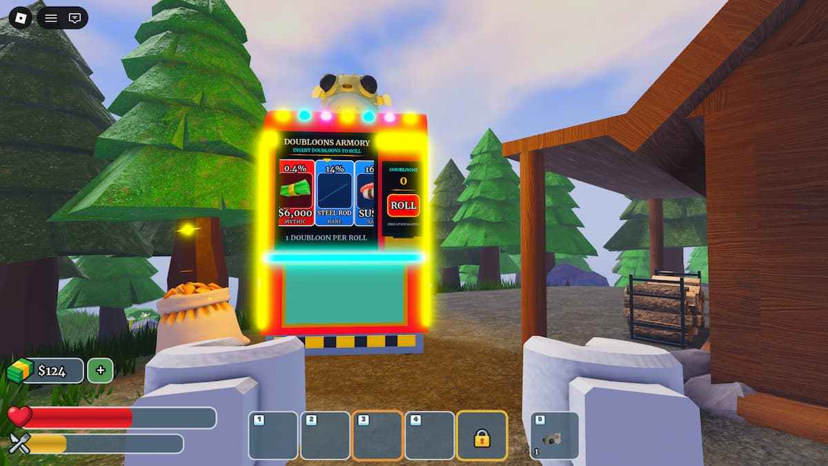 Roblox How To Fish gameplay screenshot showing a player standing beside the Doubloons Armory machine in a forested area.