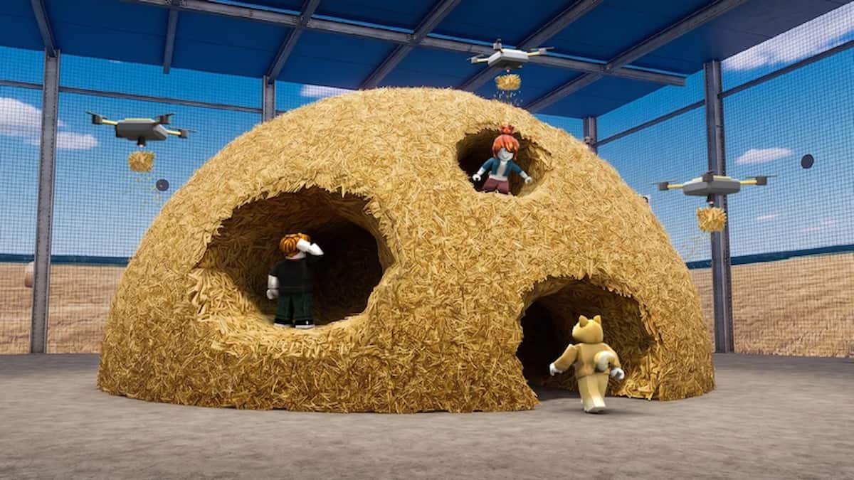 Needle in a Haystack featured image showing Roblox characters searching through a giant dome-shaped haystack with several openings inside a fenced arena.