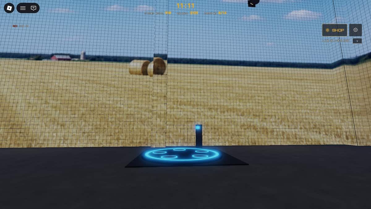Needle in a Haystack gameplay screenshot showing a large hay-filled arena behind a mesh wall, with a glowing blue pad in the foreground.