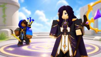 Roblox Soul Hero featured image showing two fantasy-themed Roblox characters in ornate armor, one holding a large purple-and-gold weapon in a bright temple-like setting.