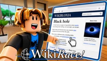 WikiRace featured artwork showing a Roblox character pointing at a Wikibloxia article about black holes, with the WikiRace logo at the bottom.