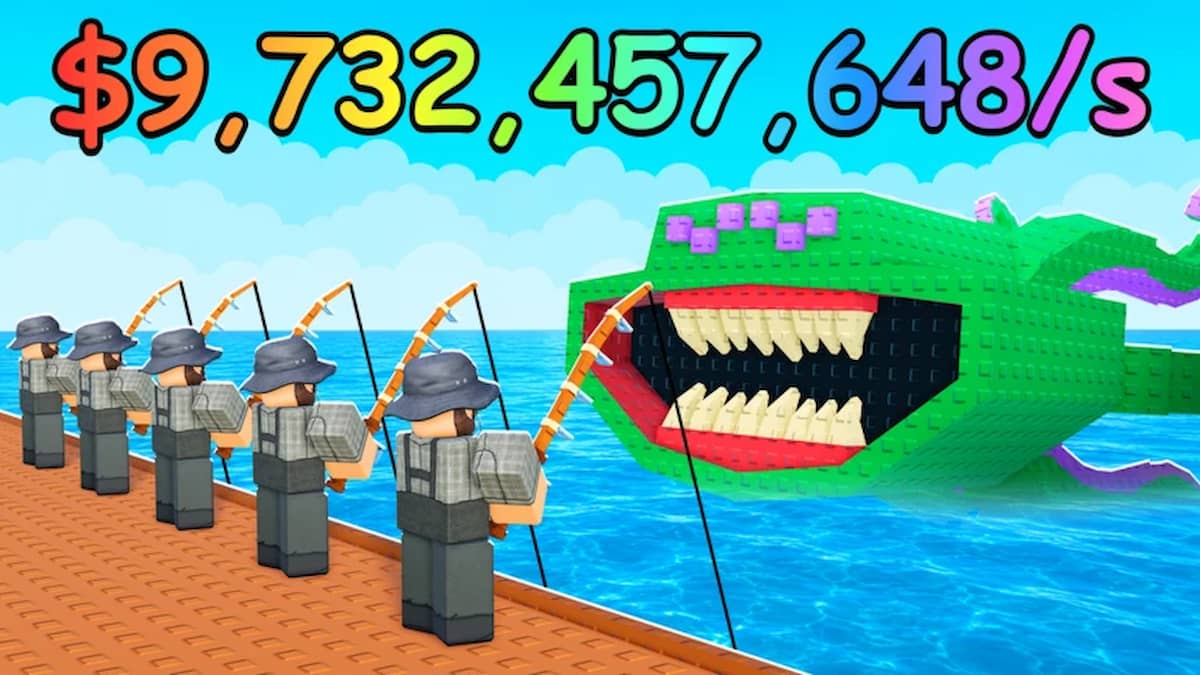 Roll a Fisherman game artwork showing several Roblox fishermen casting their lines toward a giant green fish while a huge cash-per-second total appears above them.