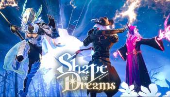 Shape of Dreams game artwork showing three fantasy heroes wielding a spear, rifle, and magical powers beneath the Shape of Dreams logo.