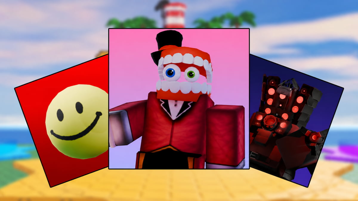 Slop Tower Defense featured image showing three Roblox units, including a smiling face, a red toothy character, and a dark armored unit, against a tropical island background.