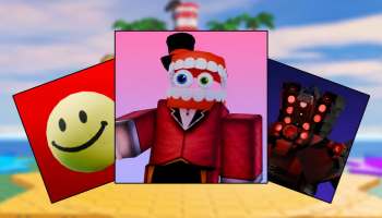 Slop Tower Defense featured image showing three Roblox units, including a smiling face, a red toothy character, and a dark armored unit, against a tropical island background.