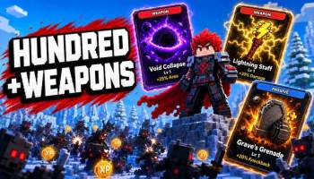 Survive the Swarm featured image showing a Roblox character surrounded by enemies, with weapon cards for Void Collapse, Lightning Staff, and Grave’s Grenade.