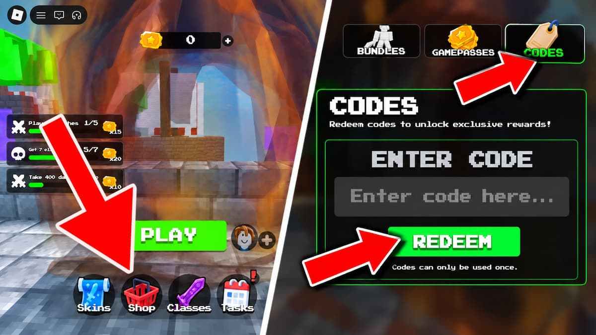 Survivor Games game screenshots showing how to redeem codes, with red arrows pointing to the Shop, Codes tab, code entry field, and Redeem button.