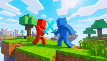 Survivor Games game artwork showing red and blue blocky fighters dueling with swords on a grassy floating island.