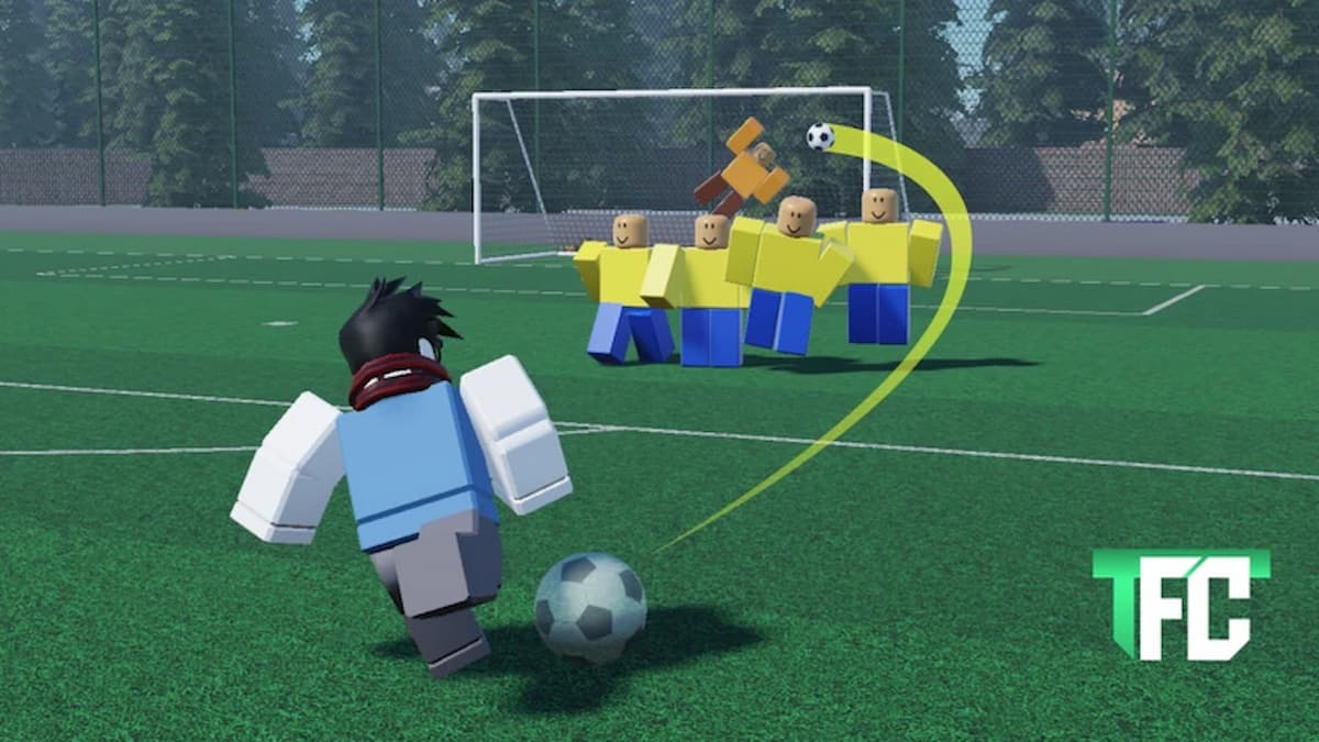 That Freekick Challenge game artwork showing a Roblox player curling a free kick over a defensive wall toward the goal.