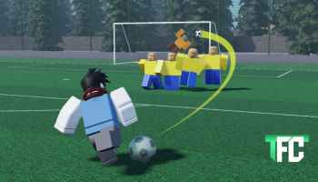 That Freekick Challenge game artwork showing a Roblox player curling a free kick over a defensive wall toward the goal.