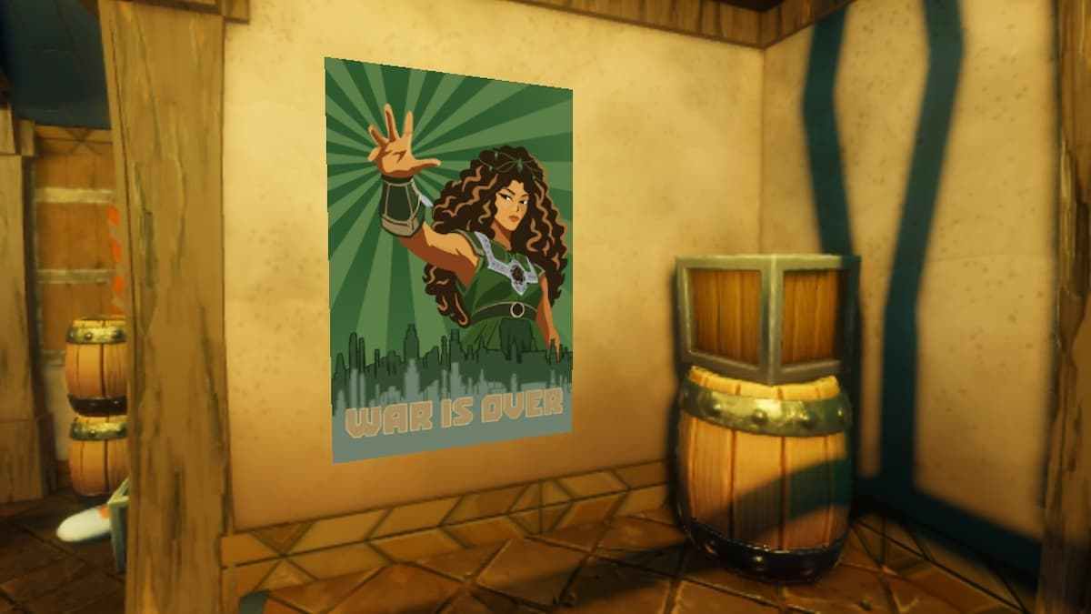 The Elements game screenshot showing a “War Is Over” poster of an Earth Guider displayed inside a wooden building beside stacked barrels and crates.