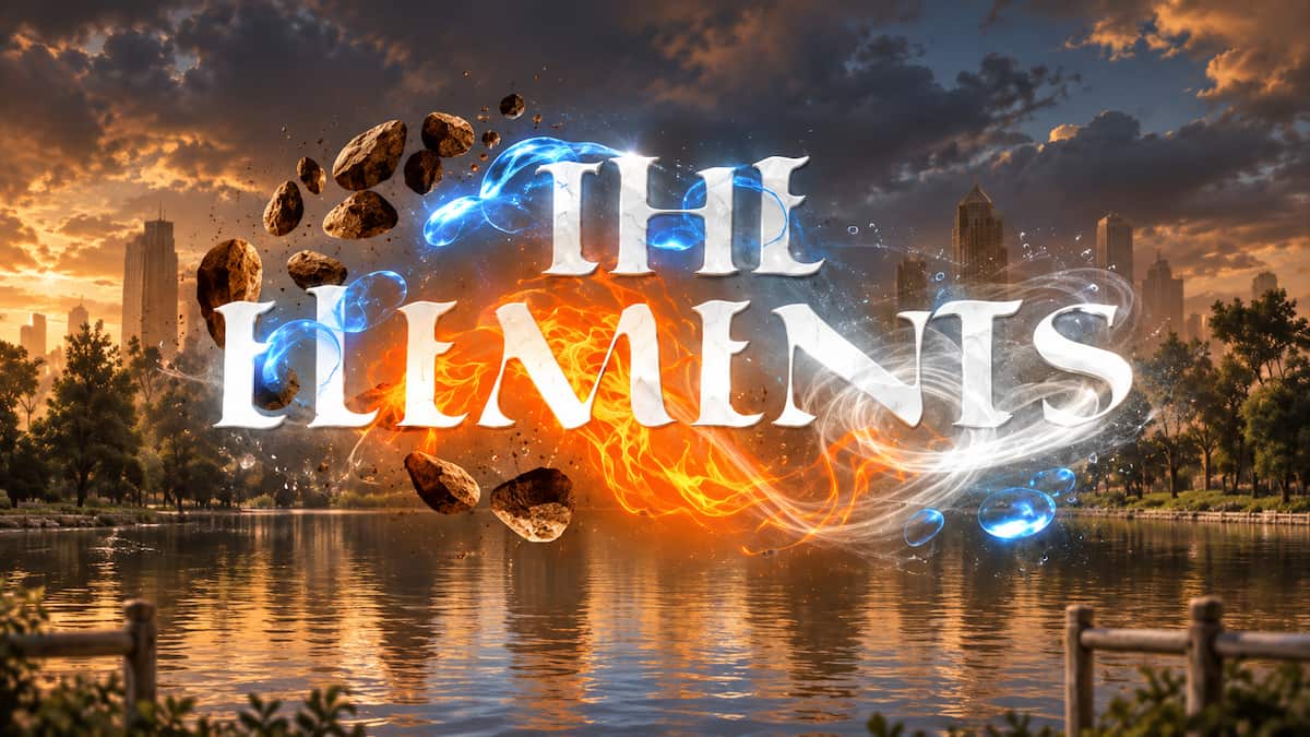The Elements game artwork showing the title surrounded by swirling fire, water, earth, and wind effects over a lakeside city at sunset.