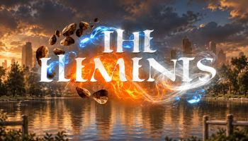 The Elements game artwork showing the title surrounded by swirling fire, water, earth, and wind effects over a lakeside city at sunset.