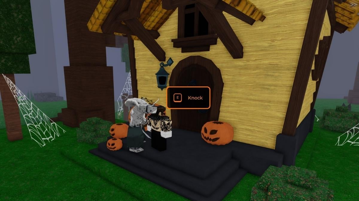 Knocking on a decorated house door at night in 99 Nights in the Forest
