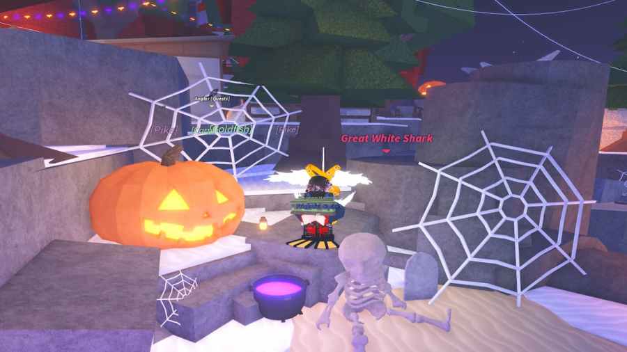 FischFright 3 Caustic Hallow gameplay screenshot Roblox FischFright 3 Halloween island gameplay with pumpkins, cobwebs and a fishing area
