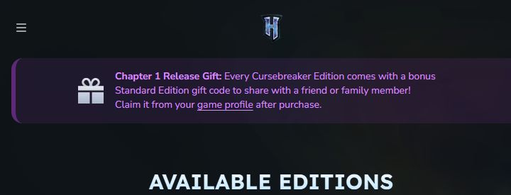 Hytale store notice explaining that Cursebreaker Edition includes a bonus Standard Edition gift code for Chapter I