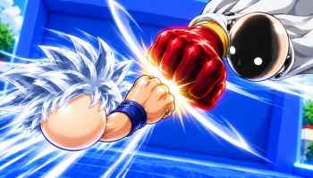 Anime Ball vs Ball game artwork showing two anime-inspired fighters colliding fists in a high-speed battle with bright energy effects.