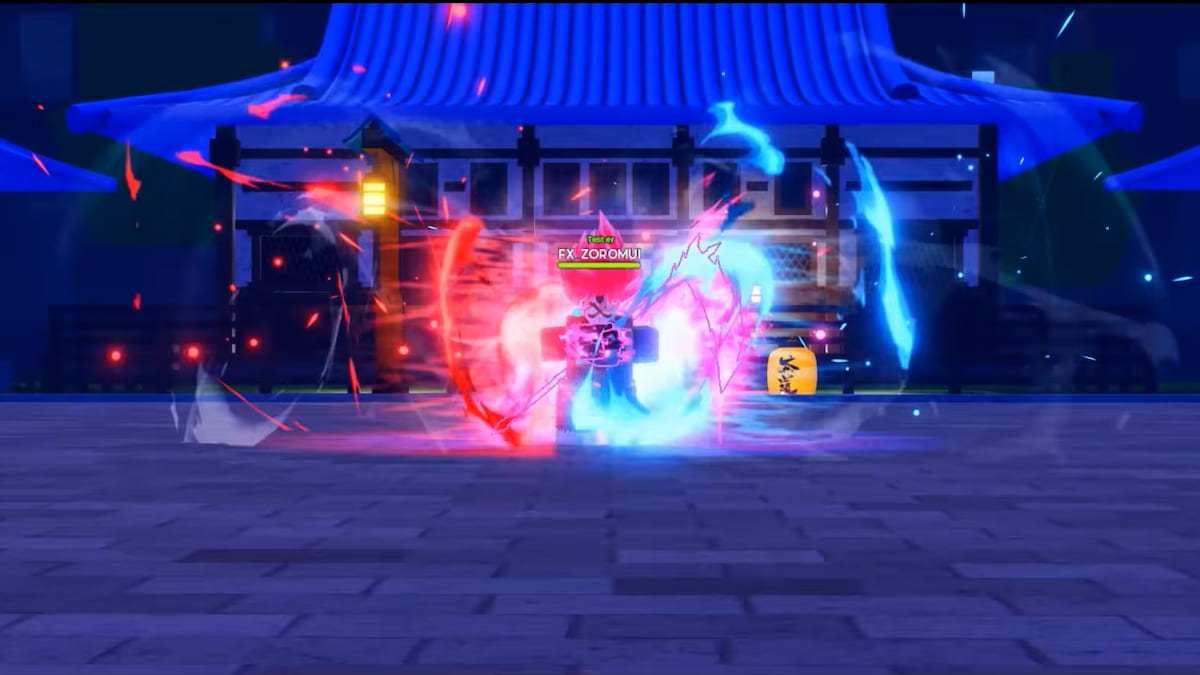 Anime Piece gameplay showing a player surrounded by red and blue energy effects while fighting in front of a Japanese-style building.