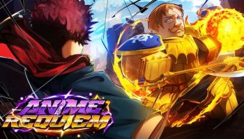 Anime Requiem game artwork showing two anime-inspired fighters facing off, with one wielding fiery golden powers and the Anime Requiem logo in the foreground.