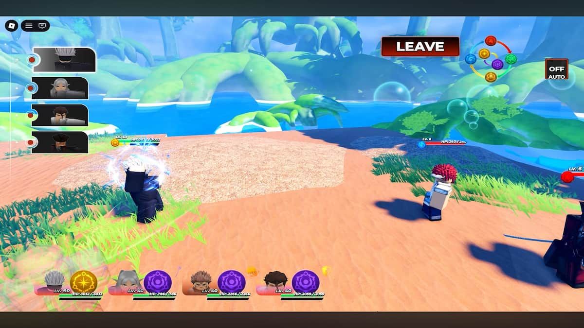 Anime Requiem Roblox gameplay screenshot showing anime-inspired characters battling in a vibrant tropical arena, with colorful ability icons, health bars, and character portraits displayed on the screen.