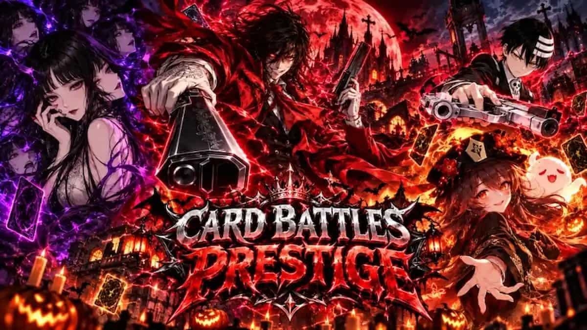 Card Battles Prestige official featured artwork showing anime-style characters with guns and supernatural powers in a fiery gothic Halloween setting.