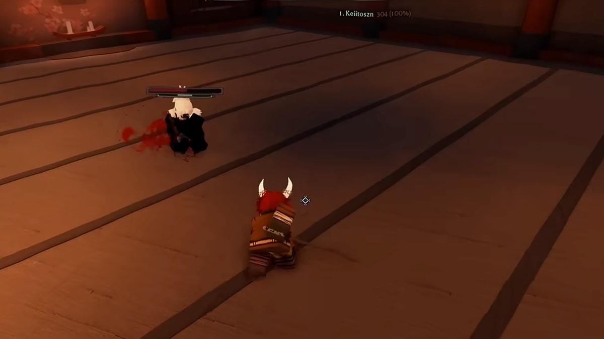 Clover RPG gameplay showing a horned player character facing an injured enemy inside a dimly lit wooden arena.