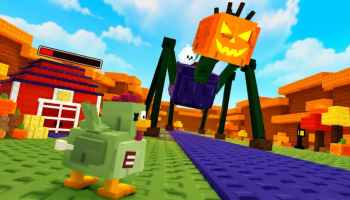 Egg Tower Defense game artwork showing a blocky green chicken facing a towering Halloween monster with a glowing jack-o’-lantern head on an autumn-themed map.