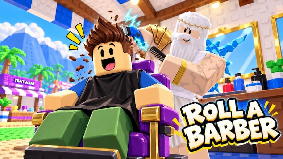 Roll a Barber RNG featured artwork showing a Roblox barber giving a smiling player a dramatic haircut inside a colorful barbershop.