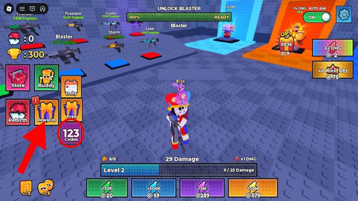 Arrow pointing to the Rewards button in 1 DMG FPS