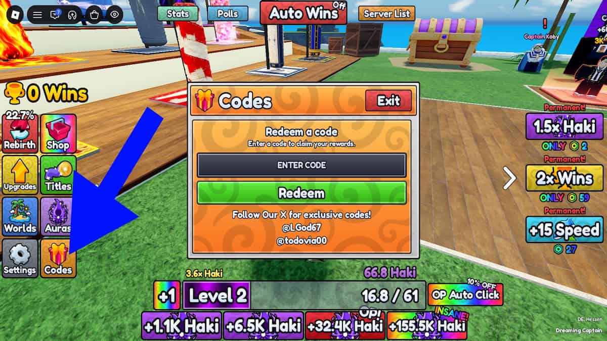 Arrow pointing to the codes button in +1 Haki Evolution