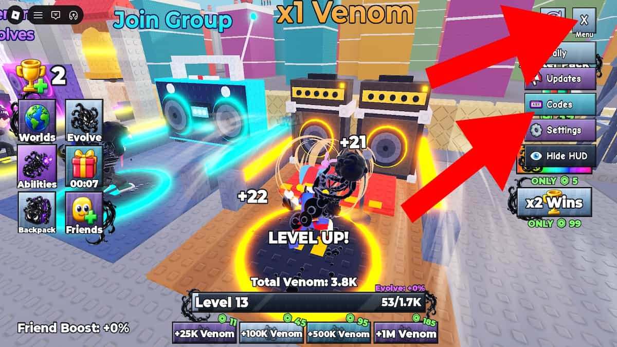 Arrows pointing to teh menu and codes buttons in 1 Venom Evolution