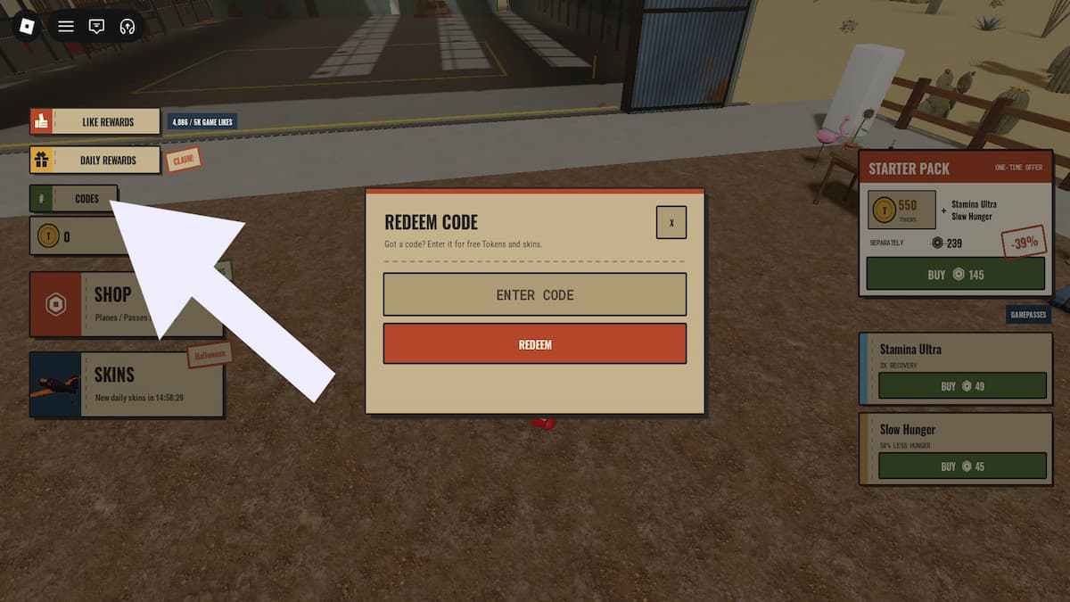 Arrow pointing to the A Long Flight codes button.