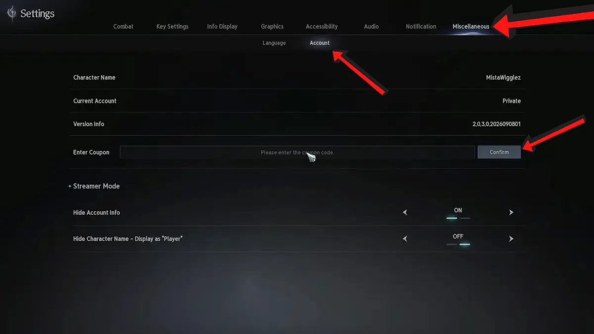 AION 2 Codes Redemption System inside the miscellaneous tab in the settings menu