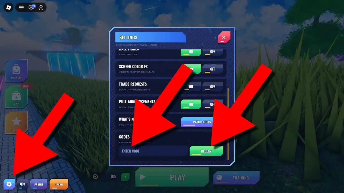 Anime Ball vs Ball game screenshot showing how to redeem codes, with red arrows pointing to the Settings button, code entry field, and Redeem button.