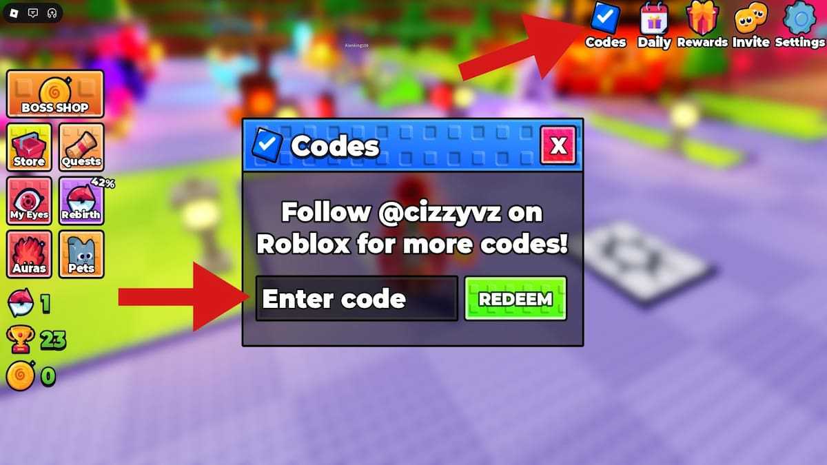 Arrows pointing at the Codes section and the code redemption text box in +1 Anime Eyes