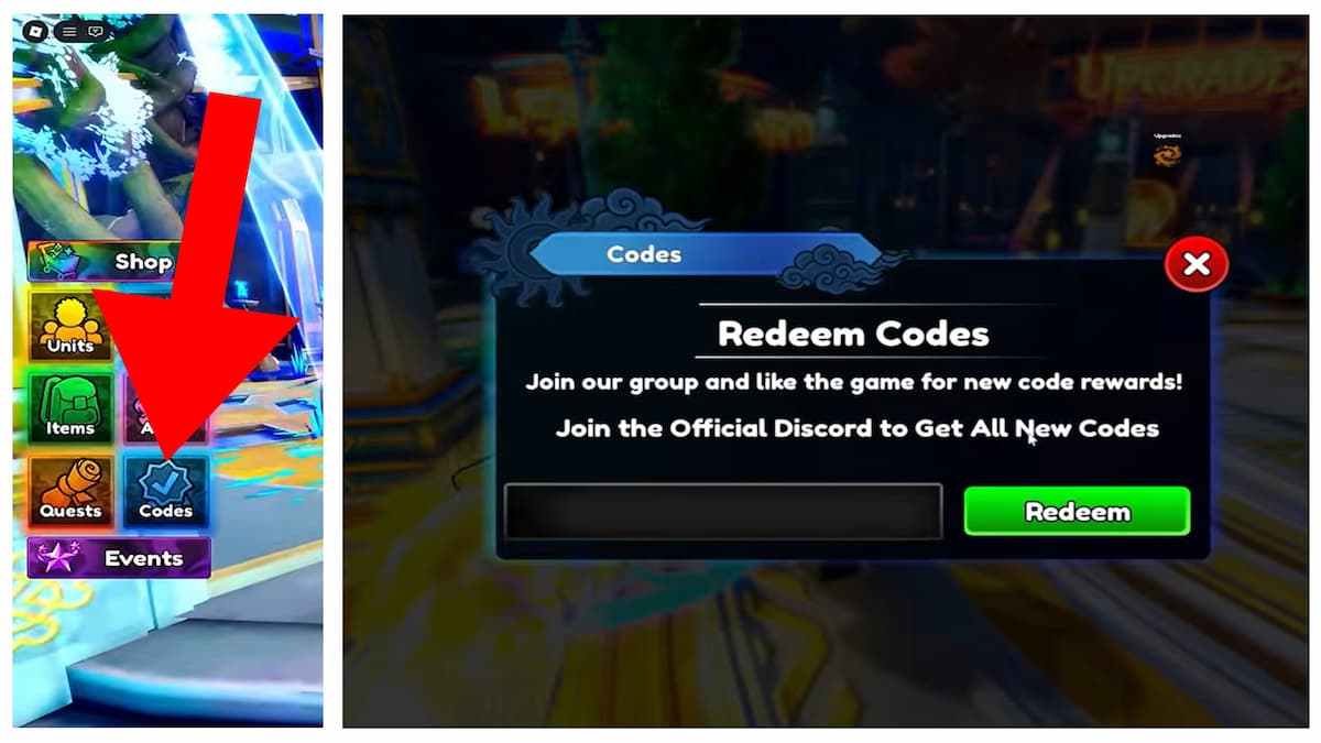 Arrow pointing to the codes button in Anime Horizon on the left image and code redemption pop-up window in the right image