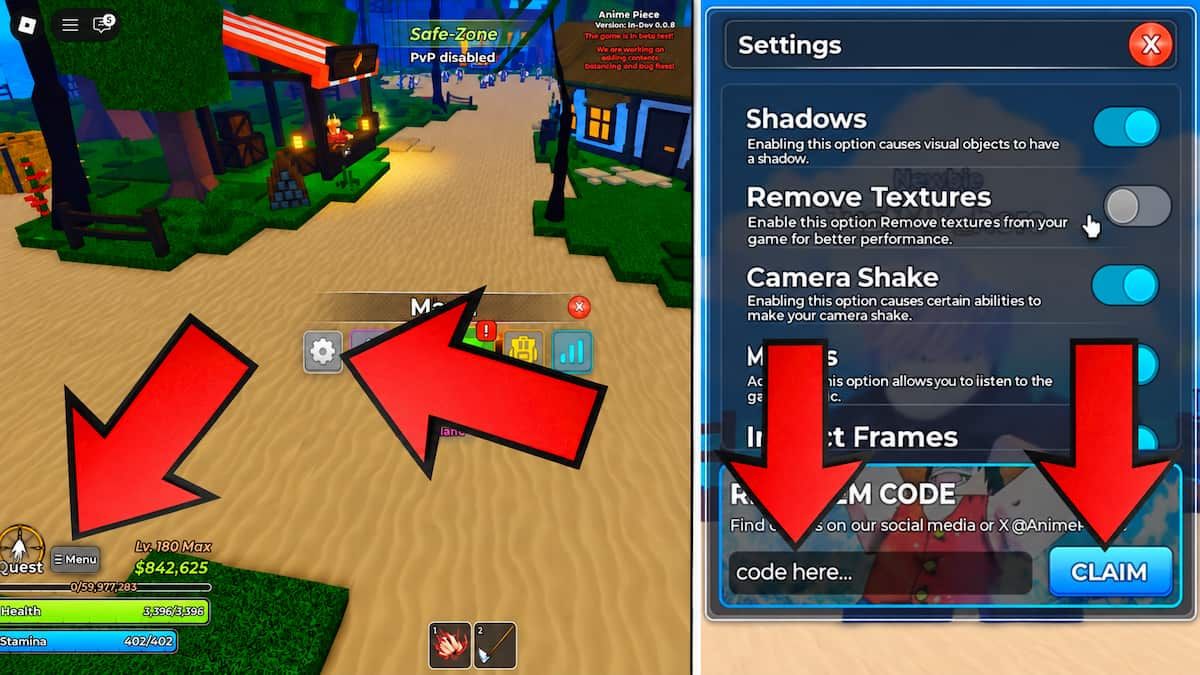 How to redeem Anime Piece codes in Roblox by opening the Menu and Settings, entering a code in the redeem field, and clicking Claim.