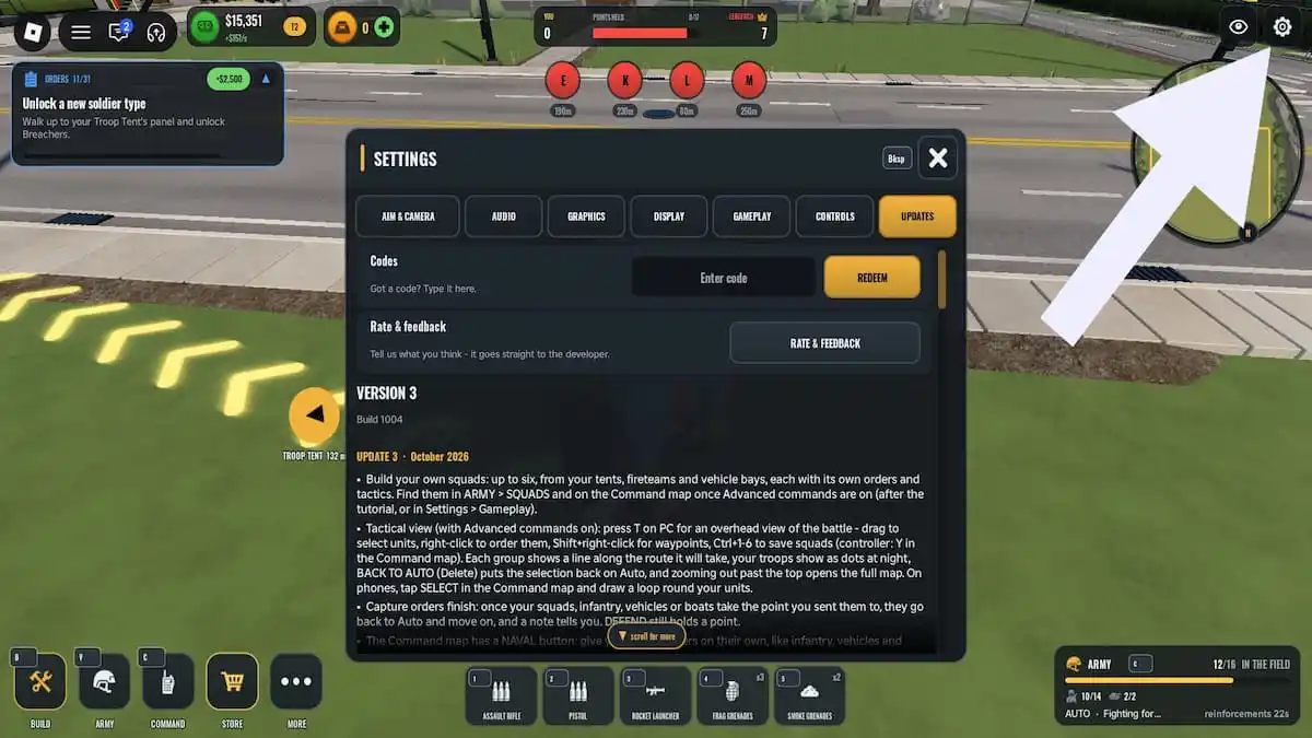 Arrow pointing to the Army Commander Tycoon settings button.