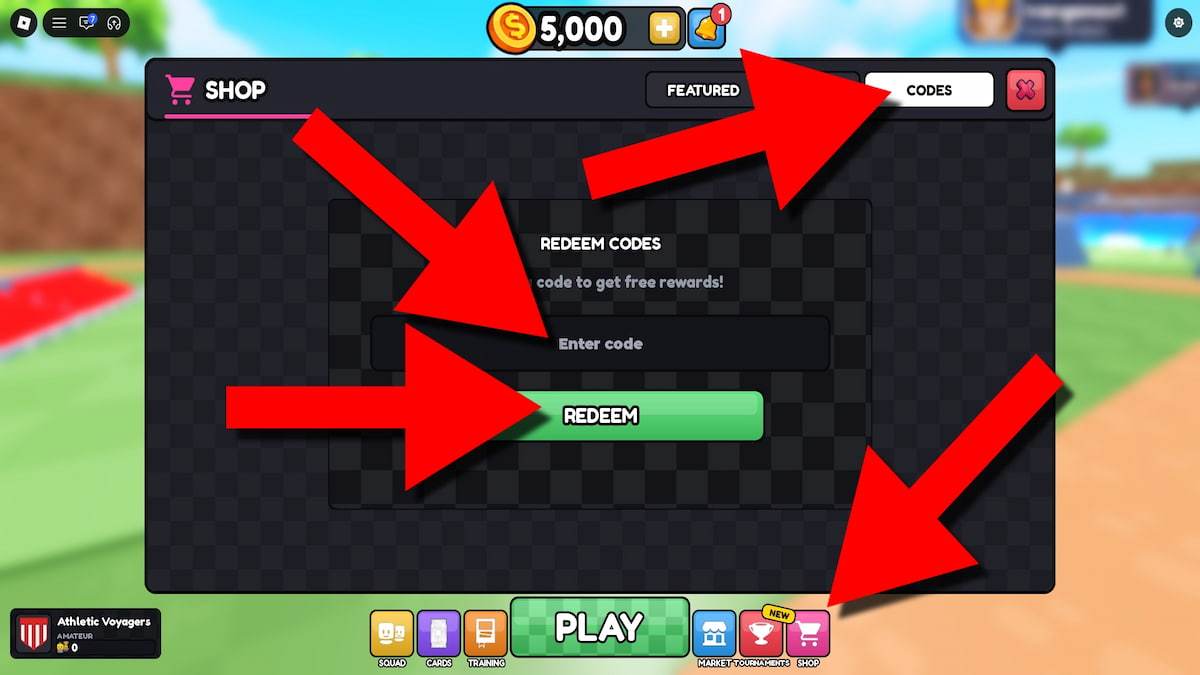 How to redeem Be a Soccer Manager codes in Roblox by opening the Shop, selecting the Codes tab, entering a code, and clicking Redeem.