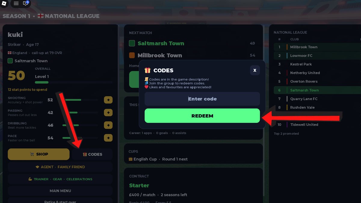 Become a Striker Codes Redemption System