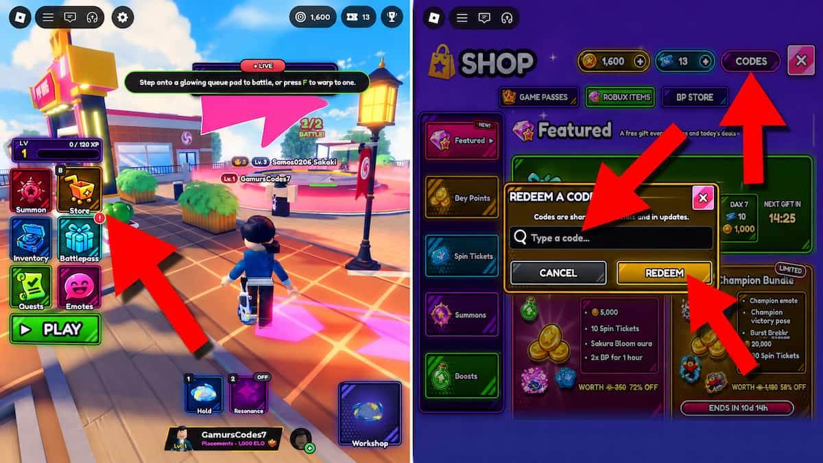 How to redeem Bey Rivals codes in Roblox by opening the Store, selecting Codes, entering a code, and pressing Redeem.