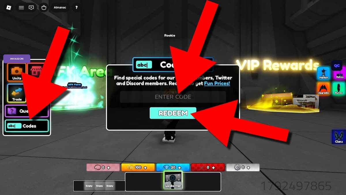 Cameraman Toilet TD game screenshot showing how to redeem codes, with red arrows pointing to the Codes button, code entry field, and Redeem button.