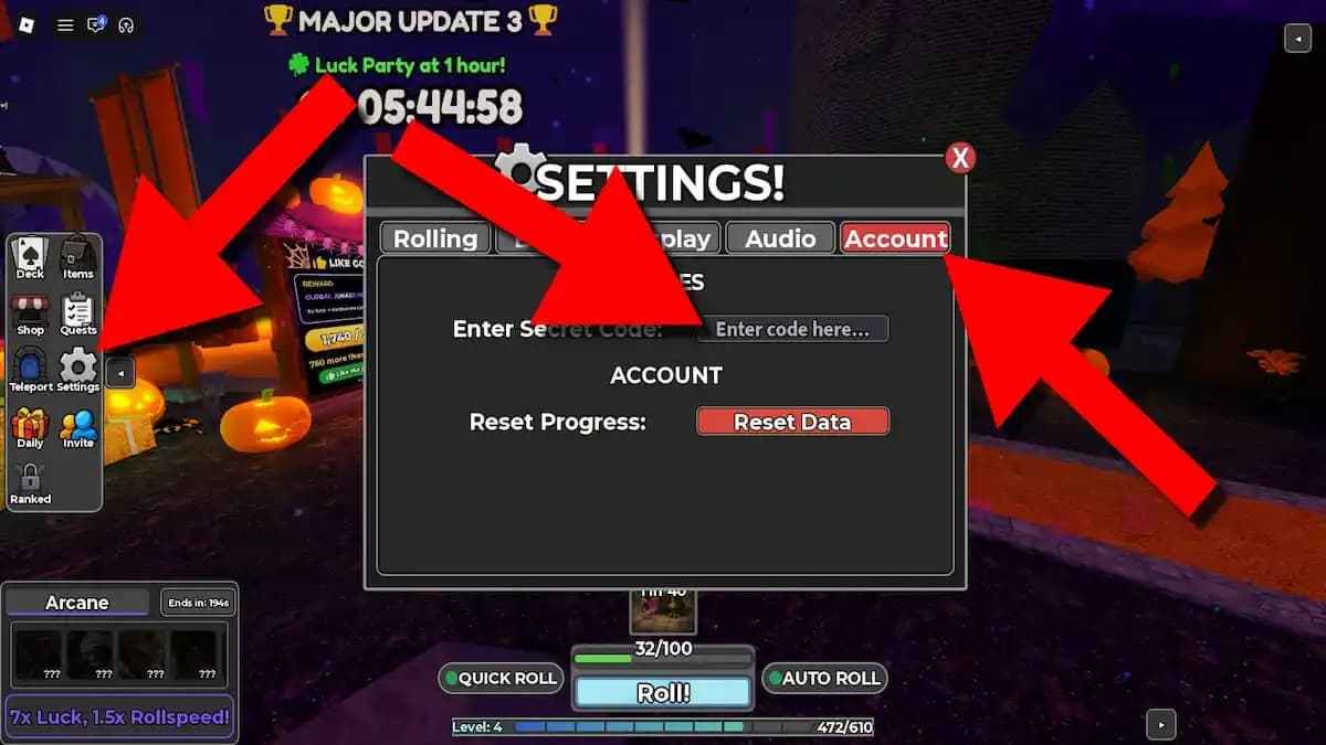How to redeem Card Battles Prestige codes in Roblox by opening Settings, selecting the Account tab, and entering a secret code.