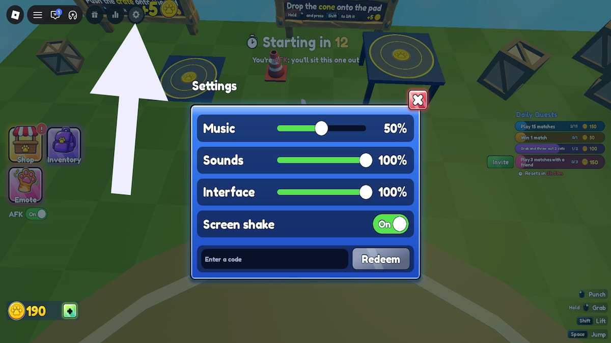 Arrow pointing to the settings button in Cat Battles