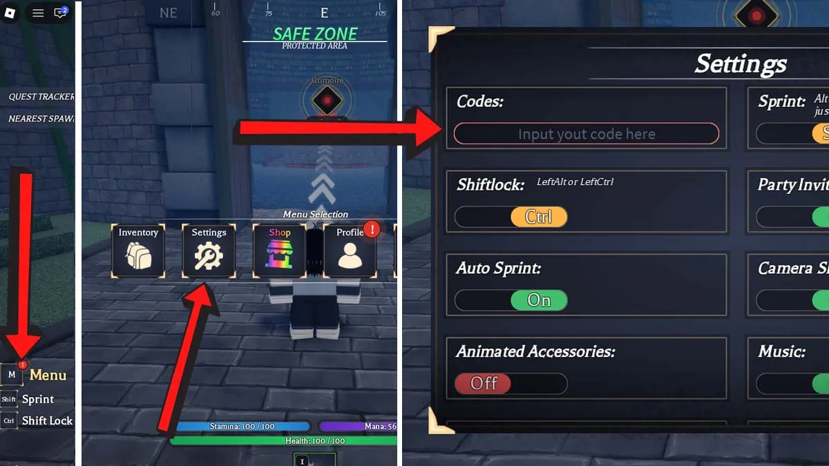 Clover Time Codes Redemption Process: a collage containing 3 images with the far left one showing the Menu button, the middle one showing the Settings button, and the far right one showing the Codes section
